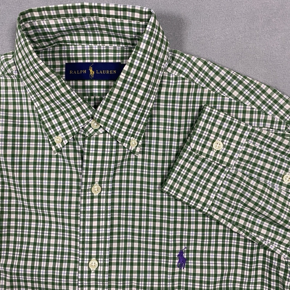 Ralph Lauren Button Down Mens M Long Sleeve Plaid Green Cotton Purple Pony‎